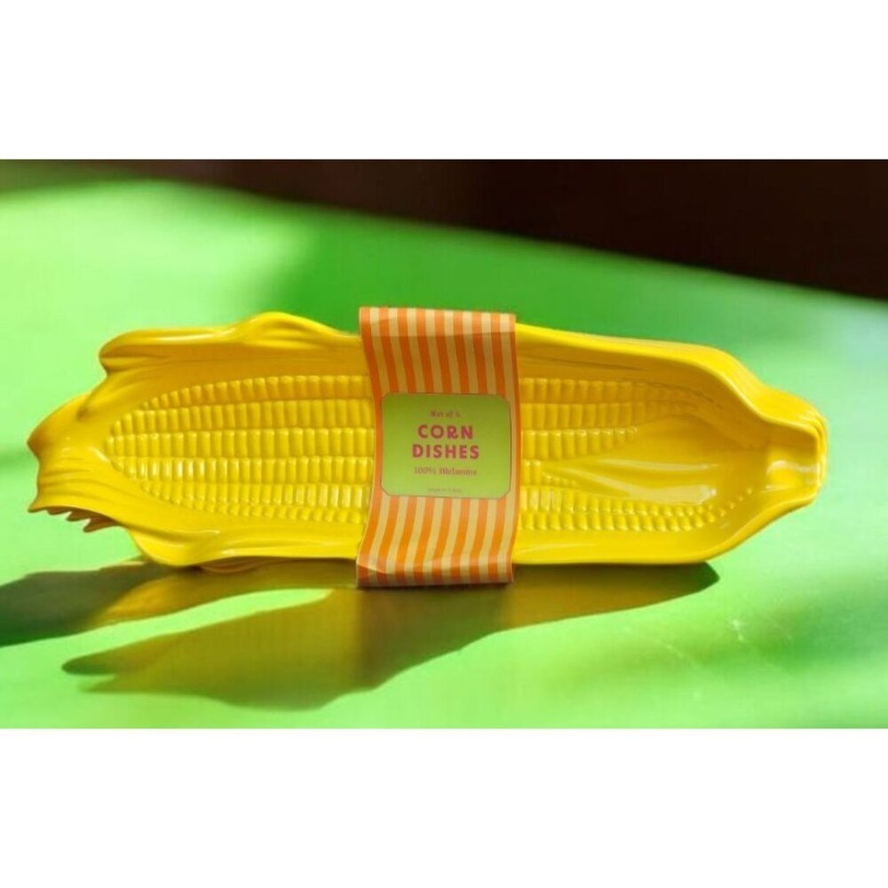 New Set Of 4 Yellow Melamine Corn on the Cobb Dishes BBQ Picnic Party